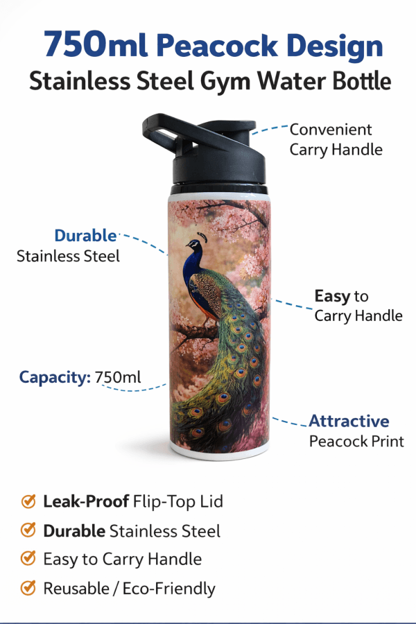 Peacock Blossom Designer Stainless Steel Water Bottle